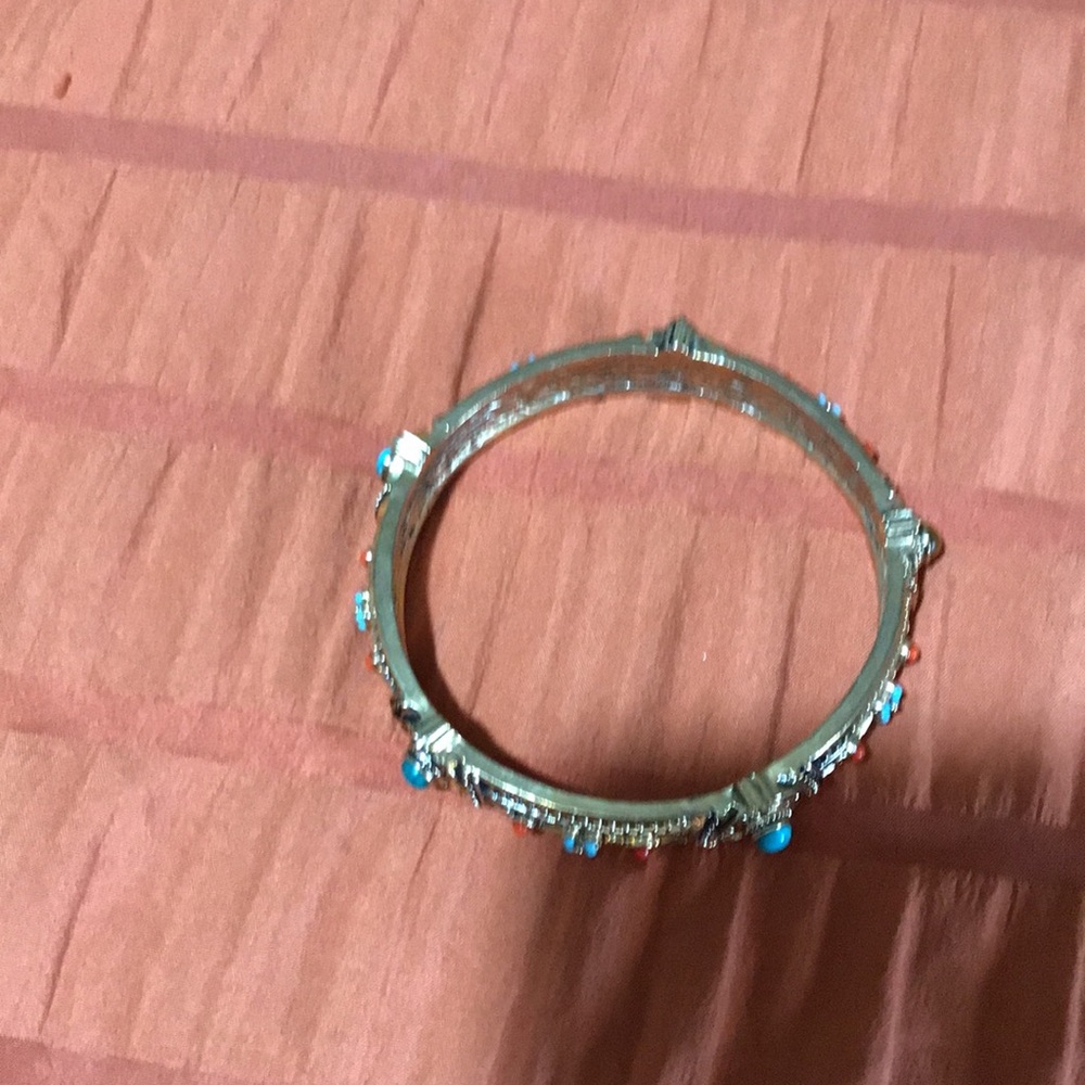 Gold-Tone Turquoise & Coral Accent Bangle Bracelet. - Picture 3 of 9